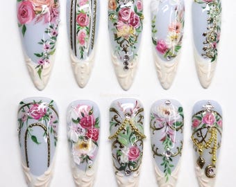 Vintage Floral Press On Nails – Hand Painted Baroque Rose, Gold Accents