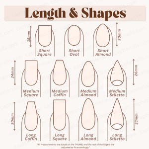 May include: Diagram showing nail lengths and shapes, including short square, oval, and almond, medium square, coffin, almond, and stiletto, and long coffin, square, almond, and stiletto. Measurements are in millimeters.