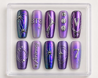 BTS Arirang Custom Press On Nails | 2026 Comeback Member Name Art | Y2K Cyber Sigil Silver Chain Nails | Purple Chrome K-pop Fake Nails
