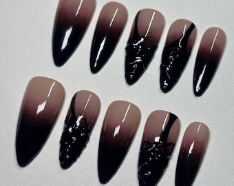 Black Ombre Press On Nails with Glossy 3D Abstract Texture