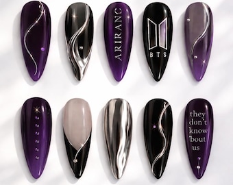 Presse Kpop Arirang sur les ongles | Paroles de chanson Comeback 2026 | Ongles violets qu'ils connaissent pour nous | Ongles K-pop chromés argentés miroir