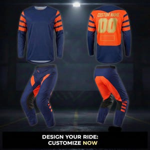 May include: A navy blue motocross jersey and pants set with orange accents. The jersey has orange stripes on the sleeves and a customizable back panel. The pants feature orange panels and black knee padding. The text "DESIGN YOUR RIDE: CUSTOMIZE NOW" is at the bottom.