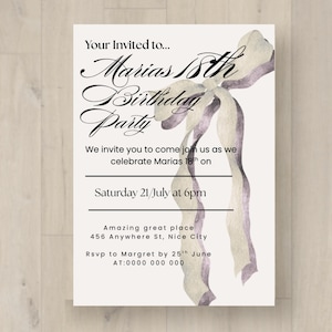 May include: A white invitation card with the text "Marias 18th Birthday Party" in elegant script. The card includes event details and is decorated with a watercolor-style bow in shades of purple and cream.
