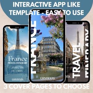 May include: Three smartphones displaying travel itinerary templates. Each phone shows a different cover page with images of Paris, France, including the Eiffel Tower and other landmarks. Text includes "France", "Travel Itinerary", and "Contents". The top text reads "Interactive App Like Template - Easy to Use".