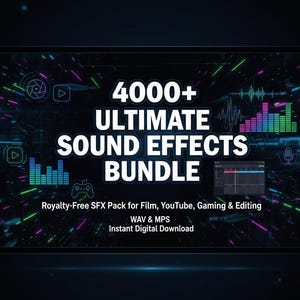May include: Digital graphic promoting a sound effects bundle. The text reads "4000+ ULTIMATE SOUND EFFECTS BUNDLE" with additional text: "Royalty-Free SFX Pack for Film, YouTube, Gaming & Editing, WAV & MPS, Instant Digital Download". The background is dark with neon accents.