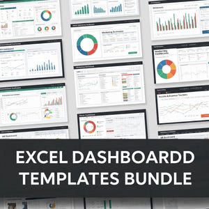 Op de afbeelding: Een verzameling Excel dashboard templates weergegeven op meerdere schermen. Elk dashboard bevat grafieken en datavisualisaties in verschillende kleuren. De tekst "EXCEL DASHBOARD TEMPLATES BUNDLE" is prominent aanwezig onderaan de afbeelding.