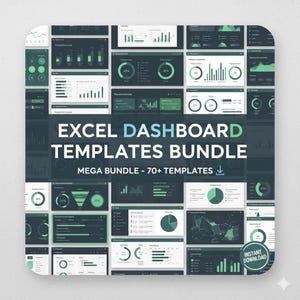 Op de afbeelding: Een bundel met Excel dashboard templates. De afbeelding toont verschillende datavisualisatie-indelingen in groen- en wittinten. De tekst op de afbeelding luidt "EXCEL DASHBOARD TEMPLATES BUNDLE" en "MEGA BUNDLE - 70+ TEMPLATES".