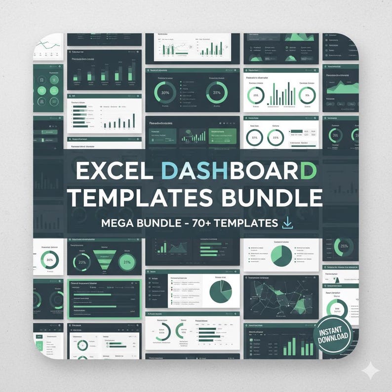 Op de afbeelding: Een bundel met Excel dashboard templates. De afbeelding toont verschillende datavisualisatie-indelingen in groen- en wittinten. De tekst op de afbeelding luidt "EXCEL DASHBOARD TEMPLATES BUNDLE" en "MEGA BUNDLE - 70+ TEMPLATES".