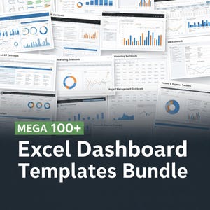 Op de afbeelding: Een verzameling Excel dashboard templates met grafieken en datavisualisaties in blauw, oranje en wit. De afbeelding bevat de tekst "MEGA 100+" en "Excel Dashboard Templates Bundle".