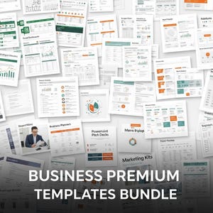 Op de afbeelding: Een verzameling zakelijke sjablonen, waaronder Excel-dashboards, businessplanners en PowerPoint-presentaties. De afbeelding toont verschillende documenten met grafieken en tekst, met de woorden "BUSINESS PREMIUM TEMPLATES BUNDLE" onderaan.