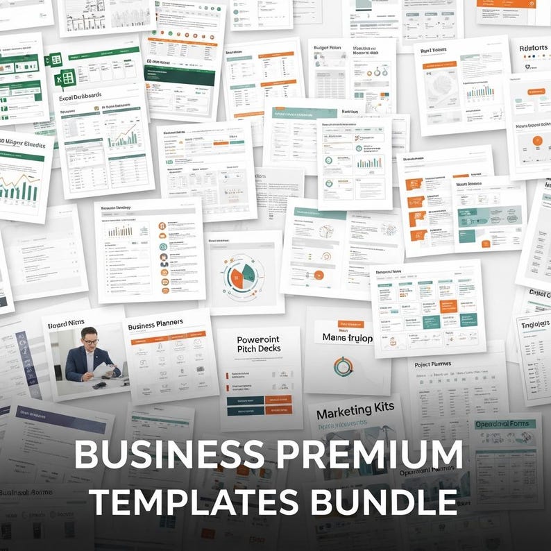 Op de afbeelding: Een verzameling zakelijke sjablonen, waaronder Excel-dashboards, businessplanners en PowerPoint-presentaties. De afbeelding toont verschillende documenten met grafieken en tekst, met de woorden "BUSINESS PREMIUM TEMPLATES BUNDLE" onderaan.