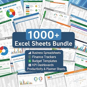 May include: An image showcasing a bundle of Excel spreadsheets, charts, and graphs. A blue banner displays "1000+ Excel Sheets Bundle". Other text includes "Business Spreadsheets", "Finance Trackers", "Budget Templates", "KPI Dashboards", and "Productivity & Planner Sheets".