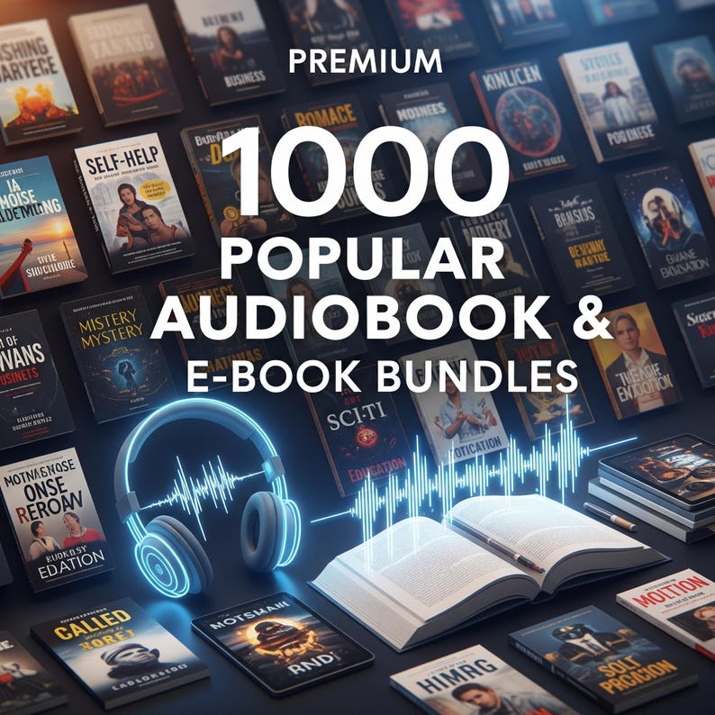 May include: An image promoting 1000 popular audiobook and e-book bundles. The image features a collection of book covers, a pair of glowing headphones, and an open book. The text on the image reads "PREMIUM 1000 POPULAR AUDIOBOOK & E-BOOK BUNDLES."