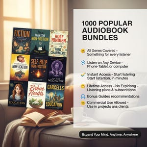 May include: A collection of nine book covers with titles like "Fiction" and "Self-Help" are displayed. The text "1000 Popular Audiobook Bundles" is visible, along with bullet points describing features. The phrase "Expand Your Mind. Anytime, Anywhere" is also present.