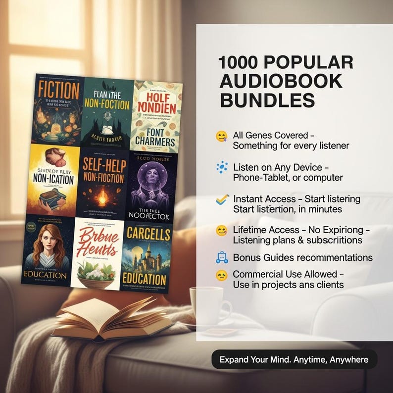May include: A collection of nine book covers with titles like "Fiction" and "Self-Help" are displayed. The text "1000 Popular Audiobook Bundles" is visible, along with bullet points describing features. The phrase "Expand Your Mind. Anytime, Anywhere" is also present.