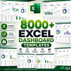 May include: An advertisement for 8000+ Excel dashboard templates. The image features various charts and graphs, with the text "8000+ Excel Dashboard Templates" in large, bold letters. Icons indicate instant download, fully editable, and business templates.