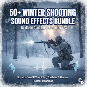 Może przedstawiać: Grafika cyfrowa promująca pakiet efektów dźwiękowych. Obraz przedstawia żołnierza celującego z karabinu w zaśnieżonym lesie. Tekst brzmi "50+ WINTER SHOOTING SOUND EFFECTS BUNDLE" i "Realistic Gun, Snow & Ambient FX". Dodatkowy tekst: "Royalty-Free SFX for Film, YouTube & Games Instant Download".