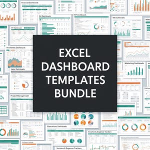Op de afbeelding: Een verzameling Excel dashboard templates, met diverse grafieken voor datavisualisatie. De afbeelding toont financi&euml;le, KPI- en marketing dashboards, met de tekst "EXCEL DASHBOARD TEMPLATES BUNDLE" in het midden.