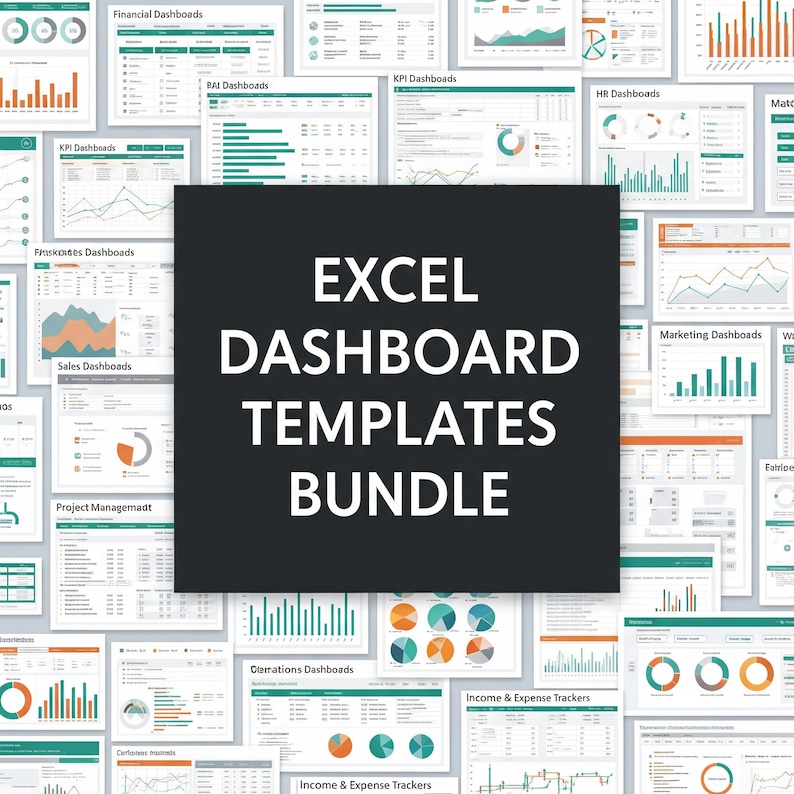 Op de afbeelding: Een verzameling Excel dashboard templates, met diverse grafieken voor datavisualisatie. De afbeelding toont financi&euml;le, KPI- en marketing dashboards, met de tekst "EXCEL DASHBOARD TEMPLATES BUNDLE" in het midden.