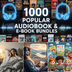 May include: Image promoting 1000 popular audiobook and e-book bundles. The image features a collection of book covers, headphones, and tablets. The text reads "1000 Popular Audiobook & E-Book Bundles". The image also shows people using the products.