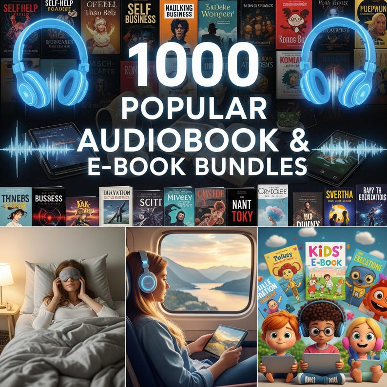 May include: Image promoting 1000 popular audiobook and e-book bundles. The image features a collection of book covers, headphones, and tablets. The text reads "1000 Popular Audiobook & E-Book Bundles". The image also shows people using the products.
