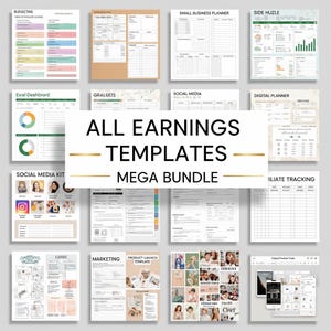 Op de afbeelding: Een verzameling digitale sjablonen voor diverse zakelijke en financi&euml;le planningsbehoeften. De sjablonen omvatten budgettering, social media kits, marketing en affiliate tracking. De centrale tekst luidt "ALL EARNINGS TEMPLATES MEGA BUNDLE."