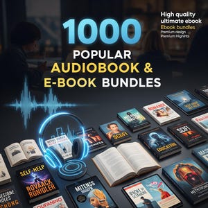 May include: An image showcasing a collection of e-book and audiobook bundles. The text reads "1000 Popular Audiobook & E-Book Bundles." Various book covers are visible, with titles like "Sci-Fi," "Romance," and "Self-Help." A pair of headphones and a sound wave graphic are also present.