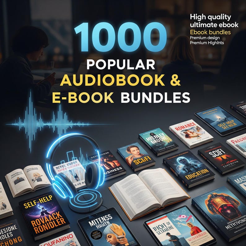 May include: An image showcasing a collection of e-book and audiobook bundles. The text reads "1000 Popular Audiobook & E-Book Bundles." Various book covers are visible, with titles like "Sci-Fi," "Romance," and "Self-Help." A pair of headphones and a sound wave graphic are also present.