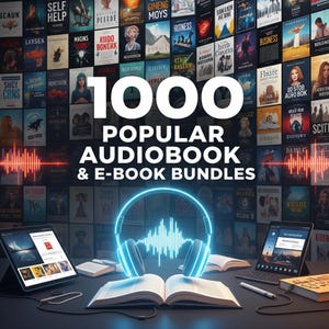 May include: An advertisement for 1000 popular audiobook and e-book bundles. The image features a wall of book covers, digital tablets, open books, and a glowing headset with sound waves. The text "1000 Popular Audiobook & E-Book Bundles" is prominently displayed.