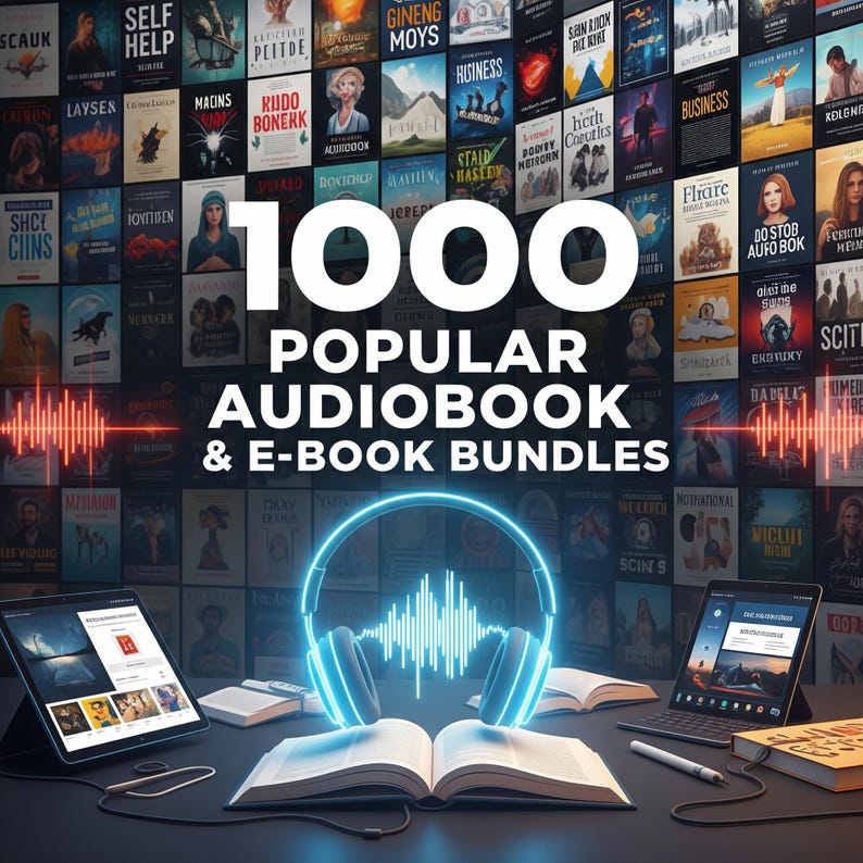 May include: An advertisement for 1000 popular audiobook and e-book bundles. The image features a wall of book covers, digital tablets, open books, and a glowing headset with sound waves. The text "1000 Popular Audiobook & E-Book Bundles" is prominently displayed.