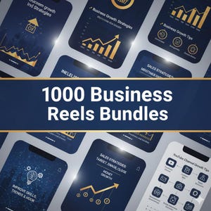 Puede incluir: Gráfico azul oscuro con el texto "1000 Business Reels Bundles" en blanco. La imagen presenta varios teléfonos inteligentes que muestran estrategias de crecimiento empresarial, estrategias de ventas y consejos de crecimiento de canales de YouTube.