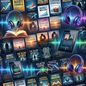 May include: A promotional image showcasing a collection of e-book and audiobook bundles. The image features numerous book covers with titles like "Market Mastery" and "The Silent Witness," along with headphones and a tablet, suggesting digital media.