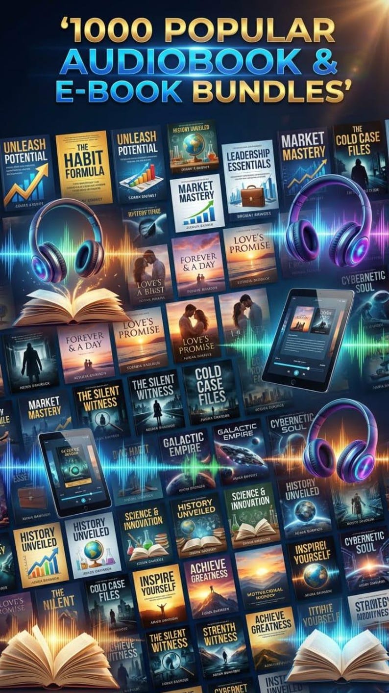 May include: A promotional image showcasing a collection of e-book and audiobook bundles. The image features numerous book covers with titles like "Market Mastery" and "The Silent Witness," along with headphones and a tablet, suggesting digital media.