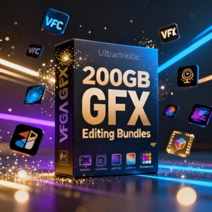 May include: A product box for "200GB GFX Editing Bundles" with the text "Ultraretitic". The box is black with gold lettering and icons. Floating around the box are various app icons and the letters "VFC" and "VFX".