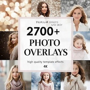 以下が含まれることがあります： ポートレートとボケ効果のコラージュが特徴のプロモーション画像。「2700+ PHOTO OVERLAYS」という中央のテキストと、「high quality template effects」と「4K」を示す追加テキストがあります。画像は冬をテーマにしています。