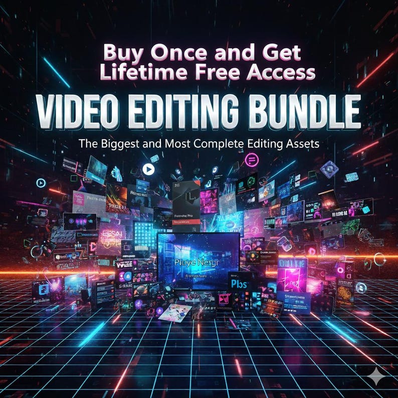 May include: A digital graphic promoting a video editing bundle. The image features the text "Buy Once and Get Lifetime Free Access" above "VIDEO EDITING BUNDLE". Various screens and editing assets are displayed against a grid background with neon lighting.