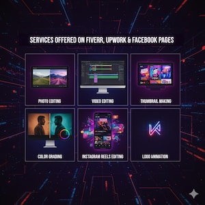 May include: Image showcasing digital services: photo editing, video editing, thumbnail making, color grading, Instagram Reels editing, and logo animation. The text "SERVICES OFFERED ON FIVERR, UPWORK & FACEBOOK PAGES" is displayed at the top, with each service represented by a visual icon.