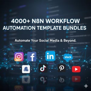 以下が含まれることがあります： 「4000+ N8N WORKFLOW AUTOMATION TEMPLATE BUNDLES」と「Automate Your Social Media & Beyond」のテキストが入った濃い青色のグラフィック。Instagram、Facebook、LinkedIn、Slack、Snapchat、TikTok、Pinterest、YouTubeのロゴが表示されています。