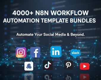 May include: Dark blue graphic with the text "4000+ N8N WORKFLOW AUTOMATION TEMPLATE BUNDLES" and "Automate Your Social Media & Beyond." Logos for Instagram, Facebook, LinkedIn, Slack, Snapchat, TikTok, Pinterest, and YouTube are displayed.