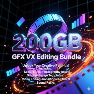 Puede incluir: Gráfico digital que anuncia un "Paquete de edición GFX VX de 200 GB". La imagen presenta un diseño de tira de película con gradientes azules y morados. También se incluye el texto "Desbloquea tu potencial creativo" y una lista de activos incluidos.