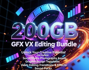 May include: A digital graphic with the text "200GB GFX VX Editing Bundle." The image features a film strip design with a gradient of blue and purple. The text "Unlock Your Creative Potential" and a list of included assets are also present.