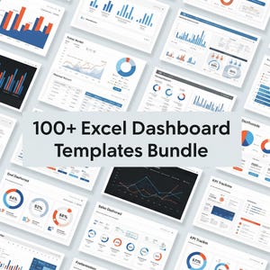 Op de afbeelding: Een verzameling Excel dashboard templates, met diverse grafieken in blauw, oranje en grijs. De afbeelding bevat de tekst "100+ Excel Dashboard Templates Bundle". De dashboards tonen datavisualisaties voor bedrijfs- en financiële rapporten.