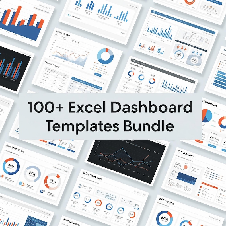 Op de afbeelding: Een verzameling Excel dashboard templates, met diverse grafieken in blauw, oranje en grijs. De afbeelding bevat de tekst "100+ Excel Dashboard Templates Bundle". De dashboards tonen datavisualisaties voor bedrijfs- en financi&euml;le rapporten.