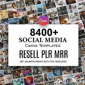 Può includere: Immagine promozionale con il testo "8400+ SOCIAL MEDIA CANVA TEMPLATES RESELL PLR MRR" su sfondo bianco. Il logo Canva è visibile. Lo sfondo è un collage di varie immagini, che suggeriscono contenuti per i social media.