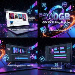 May include: A digital art bundle with a futuristic aesthetic. The image features a laptop and computer monitors displaying video editing software interfaces. Text includes "SOCIAL MEDIA Photography Assets", "GFX VX Editing Bundle", "Video Editing Transitions & Effects", and "SOUND PACKS".