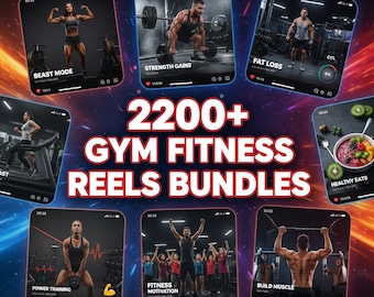 May include: A promotional image showcasing a bundle of 2200+ gym fitness reels. The image features several smartphone screens displaying workout routines, including "Beast Mode," "Strength Gains," and "Fat Loss." The background has a dynamic, space-themed design.