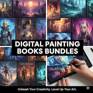 以下が含まれることがあります： ファンタジーアートの表紙が付いたデジタルペインティングの本のコレクション。画像には、進行中のデジタルペインティングが表示されたタブレットと、テキスト「DIGITAL PAINTING BOOKS BUNDLES」と「Unleash Your Creativity. Level Up Your Art.」が含まれています。