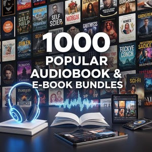 Op de afbeelding: Afbeelding die audiobook- en e-bookbundels promoot. De afbeelding toont een muur van boekomslagen, met de tekst "1000 Popular Audiobook & E-Book Bundles." Een koptelefoon, een open boek en meerdere tablets en telefoons zijn ook zichtbaar.