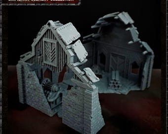 Großes Gelände für ein zerstörtes Lagerhausgebäude im düsteren Schützengraben-Sci-Fi-/Historischen-/Dieselpunk-Stil (32 mm / 28 mm TTP).