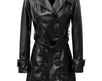 Damen Schwarz Echt Lammfell Leder Zweireihig Slim Fit Trenchcoat mit Gürtel